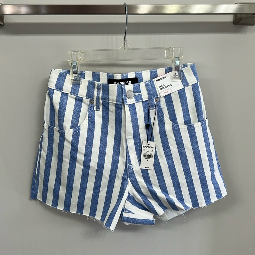 Express Blue and White Striped High Waist Women's Shorts